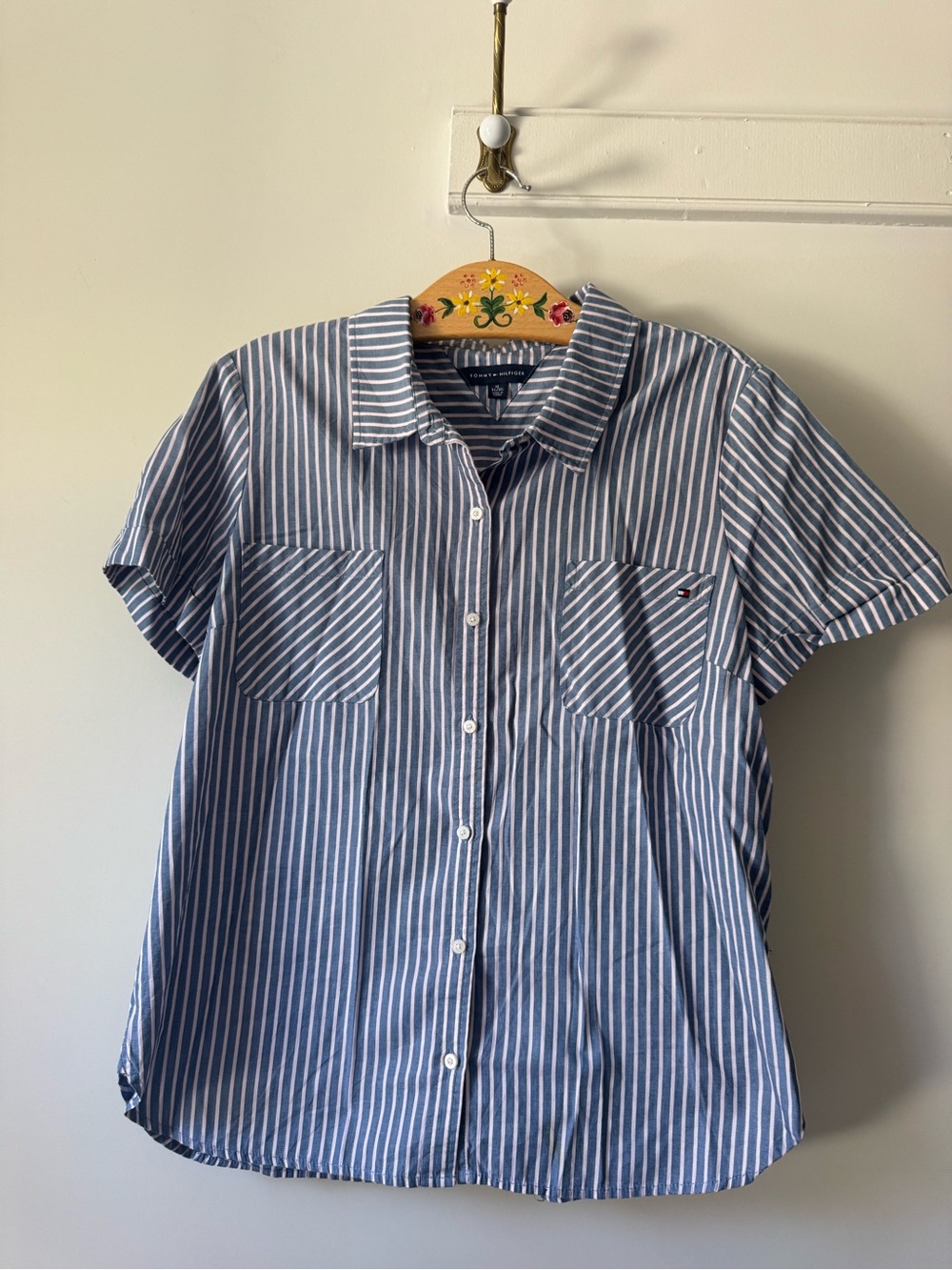 Tommy Hilfiger Navy and White Vertical Stripe Short-Sleeve Button-Up Shirt